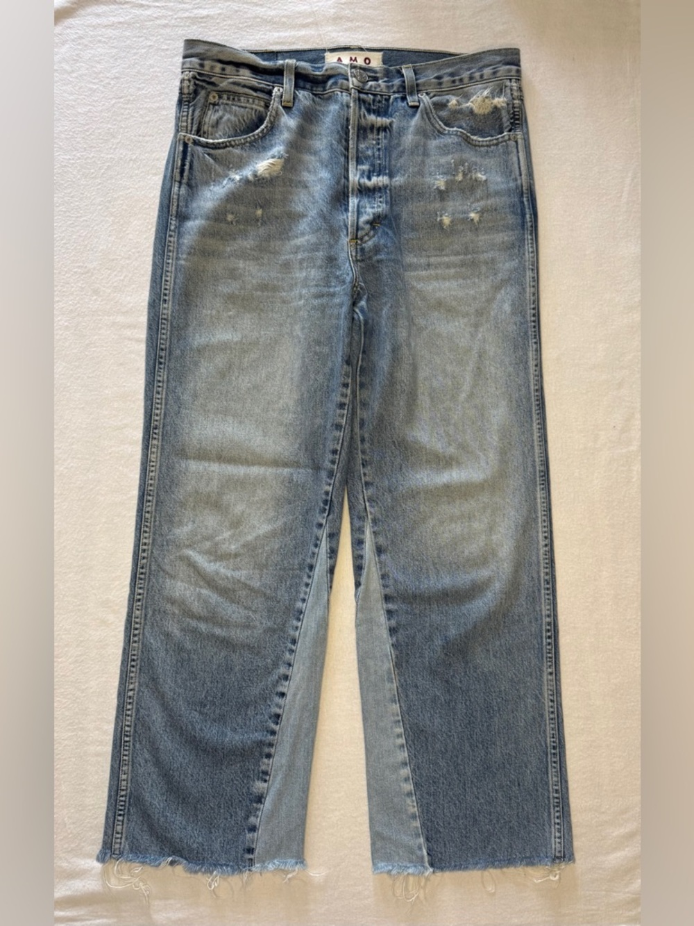 AMO DIY Charmer Wide Leg Two Tone Blues Raw Hem Jeans